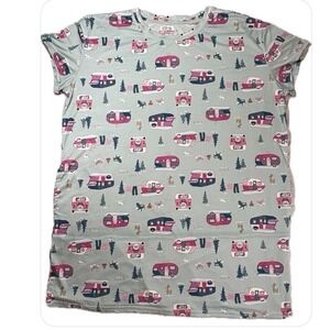 Joyspun Nightgown Women Lt Blue Teal & Pink Campers  Cozy Knee Length Large-XL